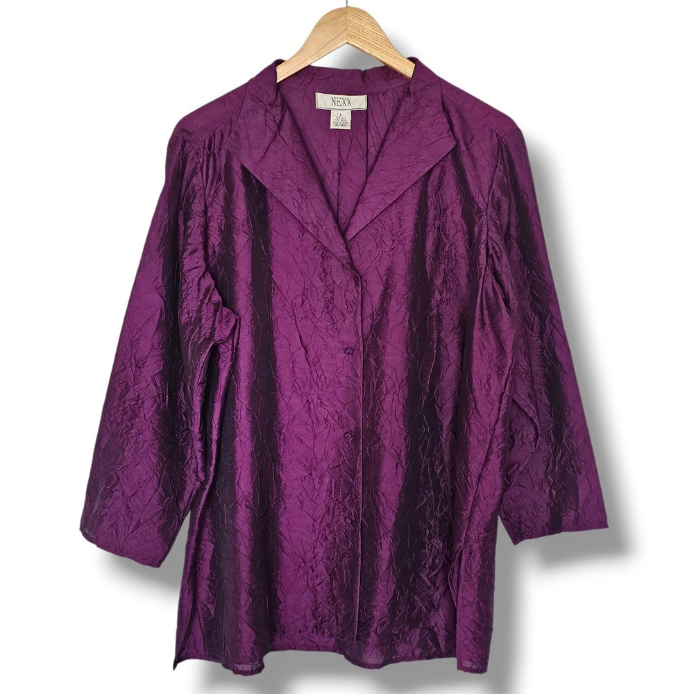 Vtg NEXX Button Down Silk Shirt L Purple Crinkle Textured Whimsigoth Dark Moody